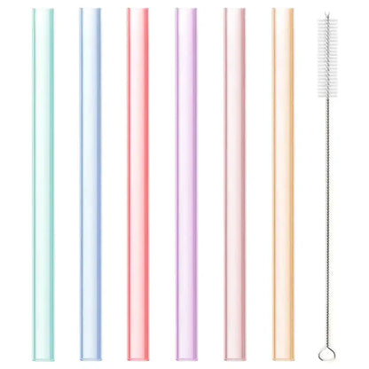 Set of six pastel-colored reusable silicone straws with matching metal cleaning brush from decorbites silicone straws set