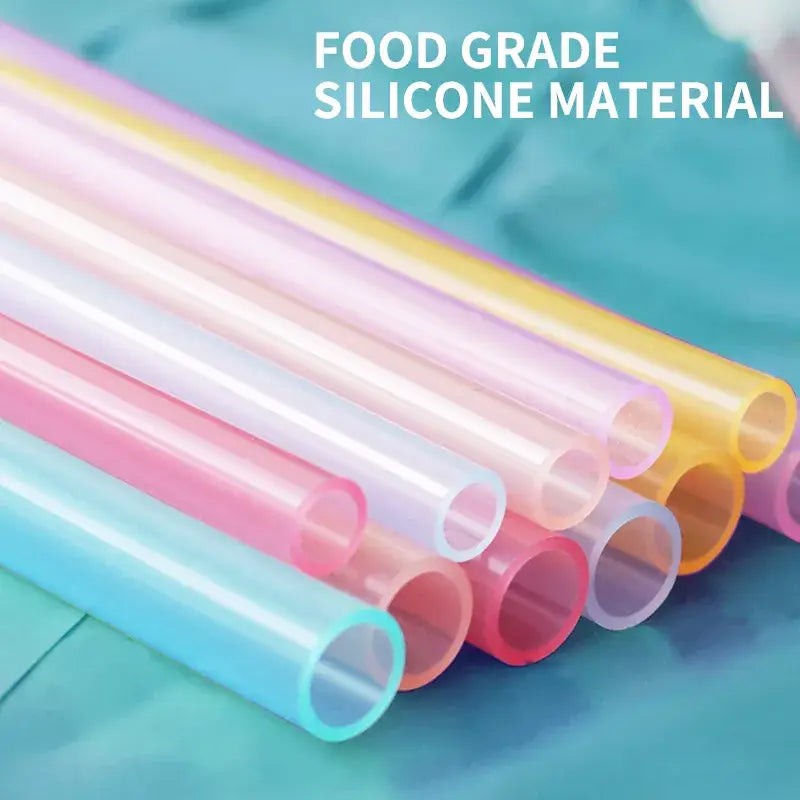 Decorbites™ 6-piece reusable silicone straws set with pastel pink yellow blue and white translucent silicone straws and brush