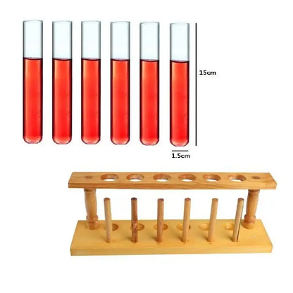 Set of six clear glass test tube cocktail glasses filled with red liquid in a wooden rack for laboratory use