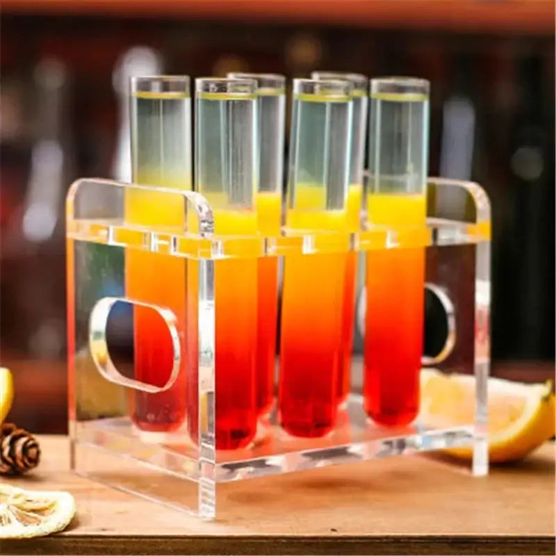 DecorBites 6-piece clear acrylic test tube cocktail glass set with vibrant gradient drinks and free rack stand