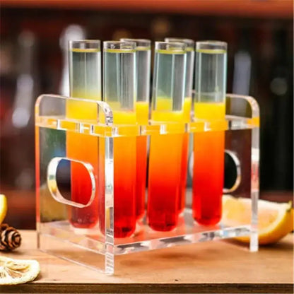 DecorBites 6-piece clear acrylic test tube cocktail glass set with vibrant gradient drinks and free rack stand