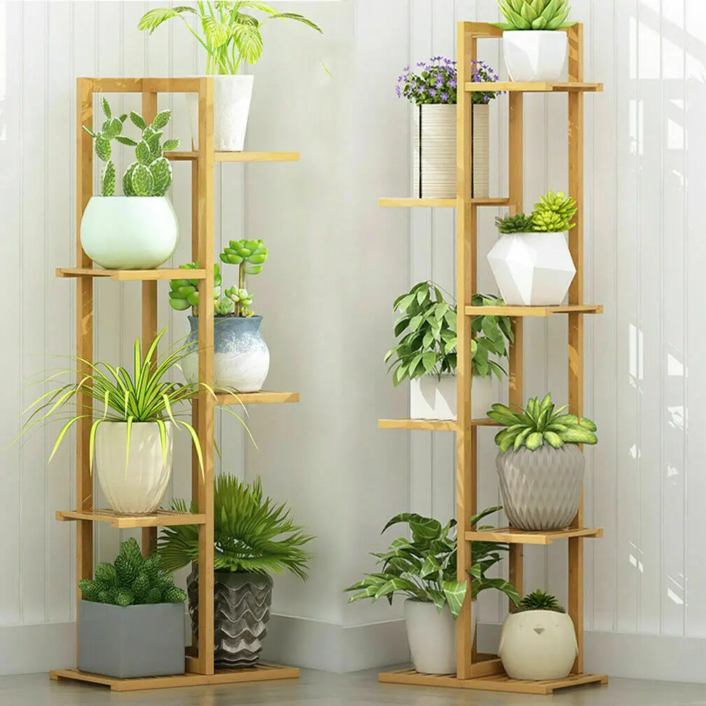 DecorBites™ light brown bamboo plant stand with six tiers and minimalist design for indoor outdoor display
