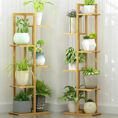 DecorBites™ light brown bamboo plant stand with six tiers and minimalist design for indoor outdoor display