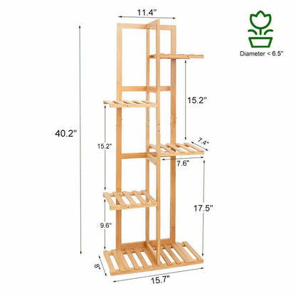 Light-colored bamboo plant stand with six slatted shelves for indoor and outdoor display by DecorBites™