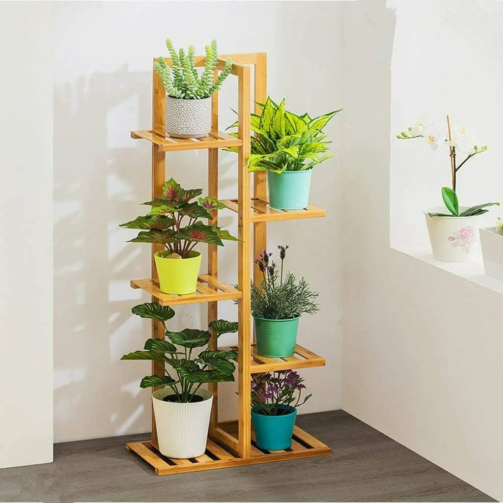 Decorbites™ light brown bamboo plant stand with five tiers holding colorful potted green plants for indoor outdoor display