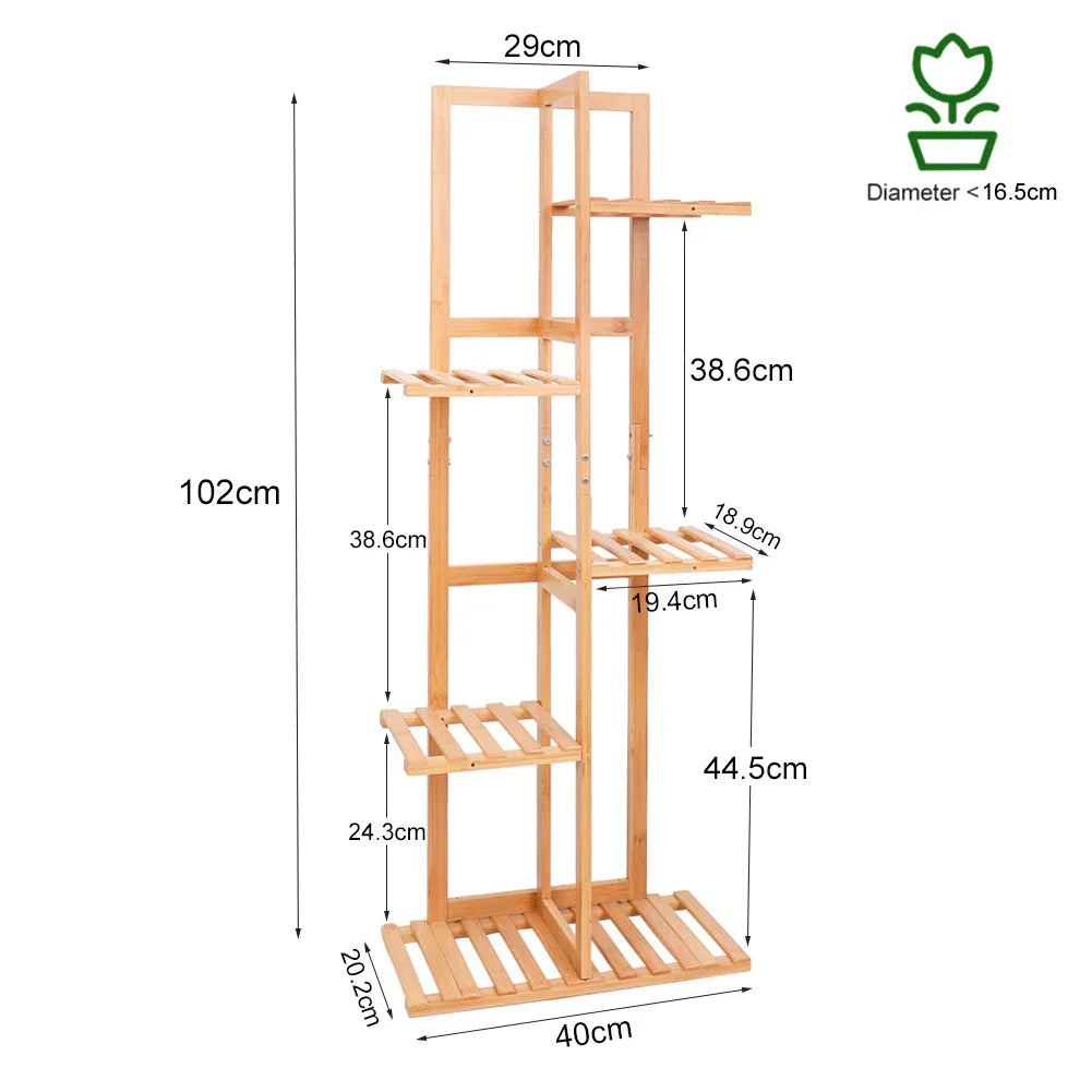 DecorBites 6-tier bamboo plant stand in light wood with five slatted shelves for indoor and outdoor display