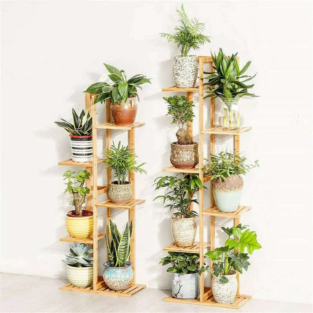 Decorbites™ 6-tier light brown bamboo plant stand with multiple tiers holding assorted potted plants for indoor outdoor use
