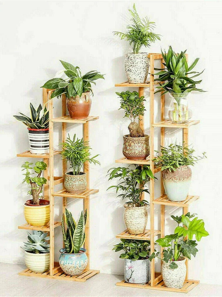 Decorbites 6-tier tall light-colored bamboo plant stand with multiple shelves for indoor outdoor display of potted plants