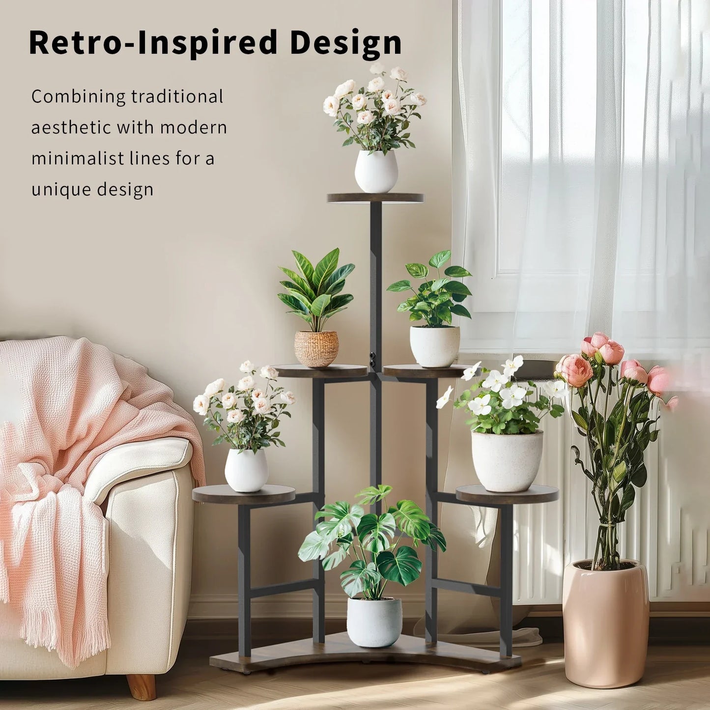 Dark gray metal corner plant stand with retro design, six-tier circular platforms for space-saving plant display