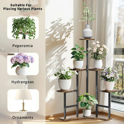 DecorBites 6-tier corner plant stand with dark metal frame and wooden shelves holding white ceramic potted plants