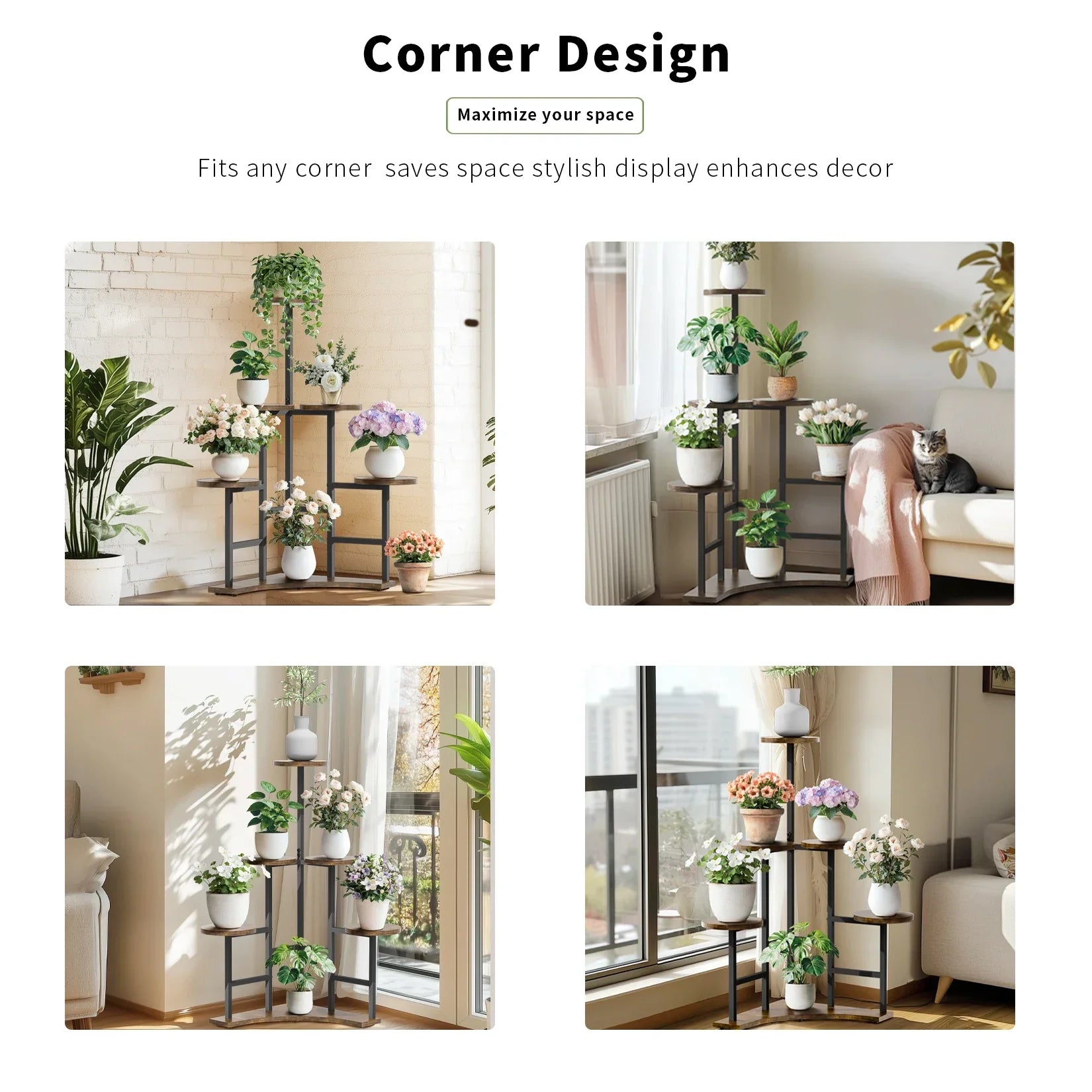Black metal corner plant stand with six wooden shelves from decorbites for space-saving corner plant display