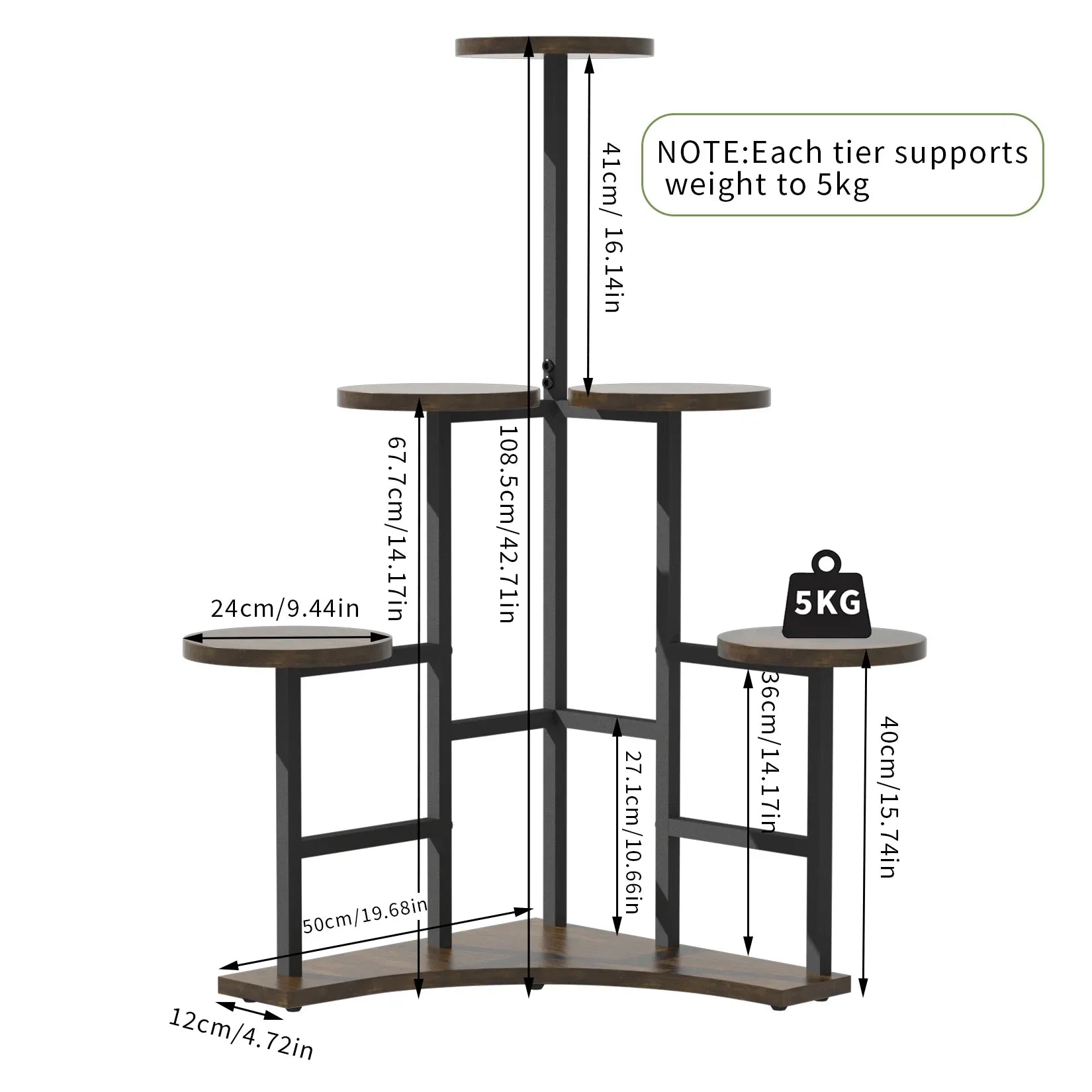 DecorBites 6-tier corner plant stand with black metal frame and dark wood circular shelves for space-saving display