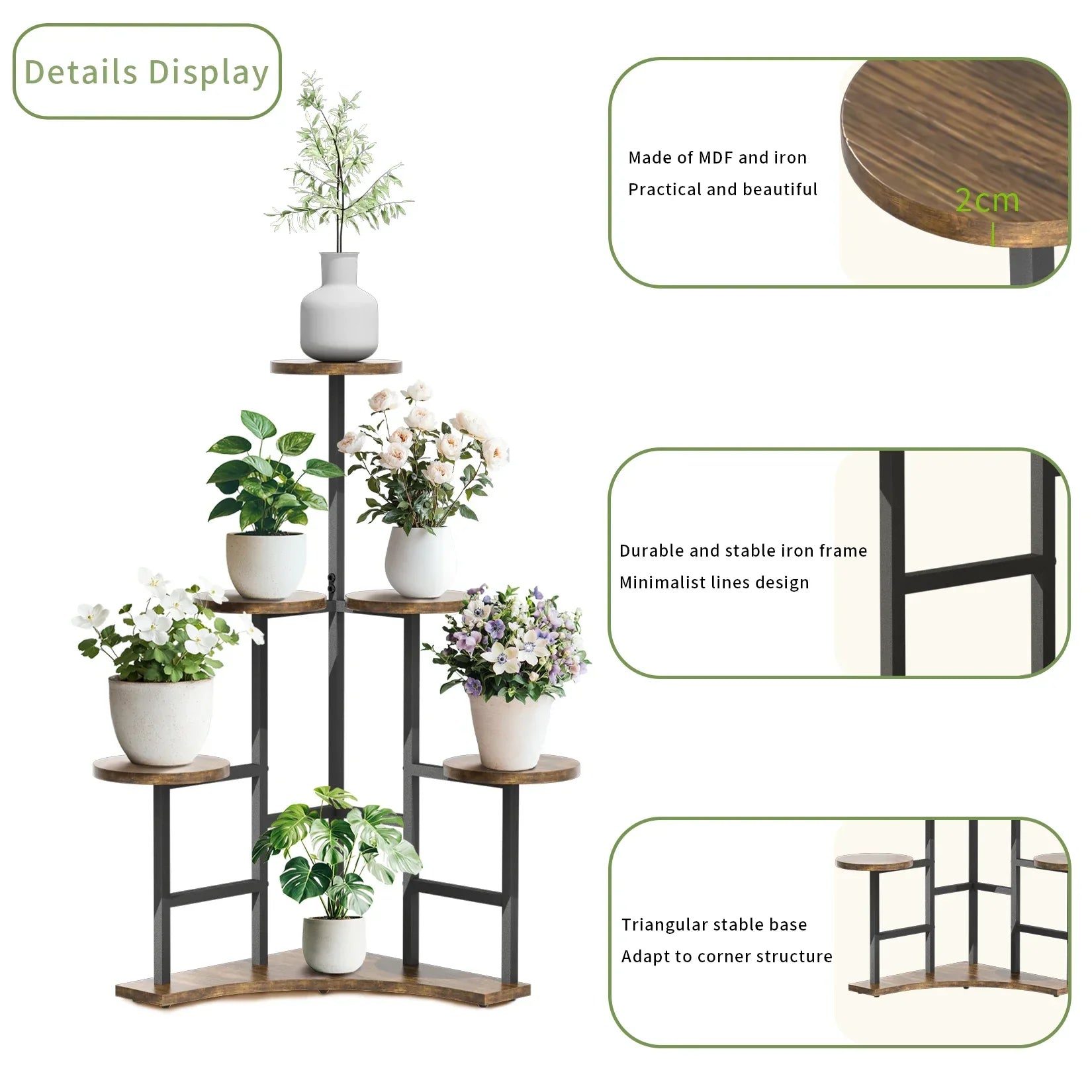 DecorBites 6-tier corner plant stand with dark iron frame and warm wood-toned mdf shelves for space-saving display