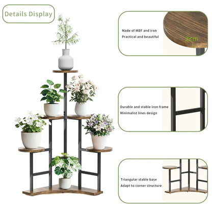 DecorBites 6-tier corner plant stand with dark iron frame and warm wood-toned mdf shelves for space-saving display