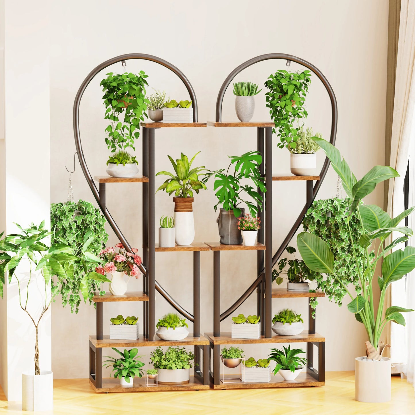 DecorBites 6-tier half heart plant stand with heart shape metal and wood frame holding green plants in ceramic pots