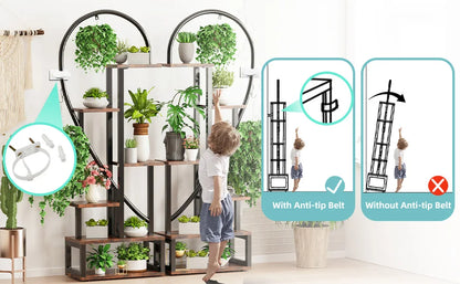 DecorBites™ 6-tier half heart black metal plant stand with wood shelves and curved top arches in heart shape design