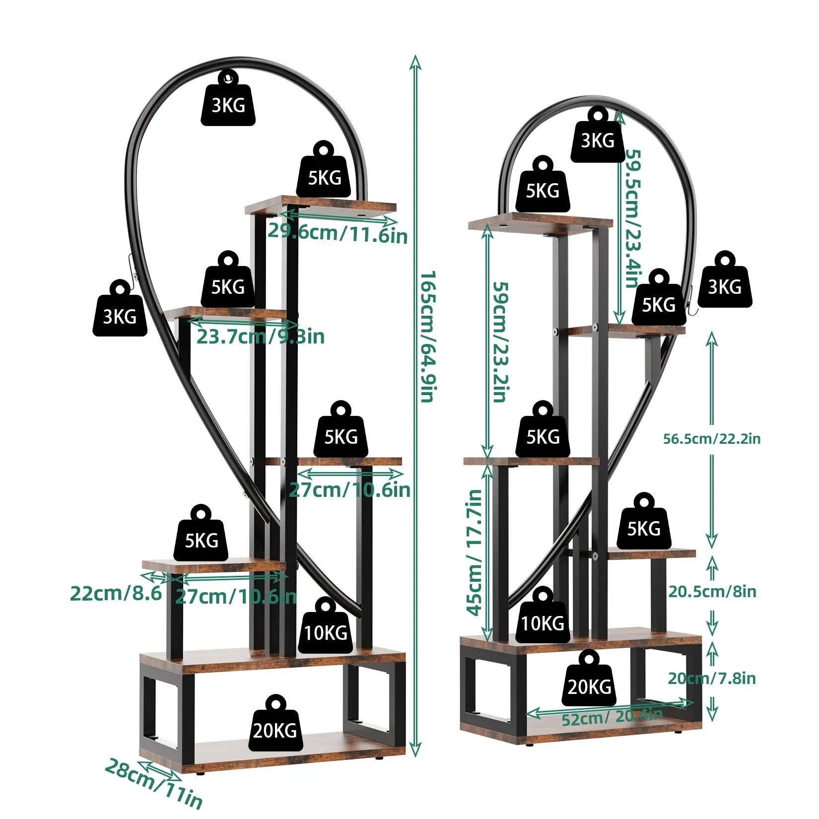 DecorBites™ 6-tier half heart plant stand with black metal frame and wood shelves in heart shape for display