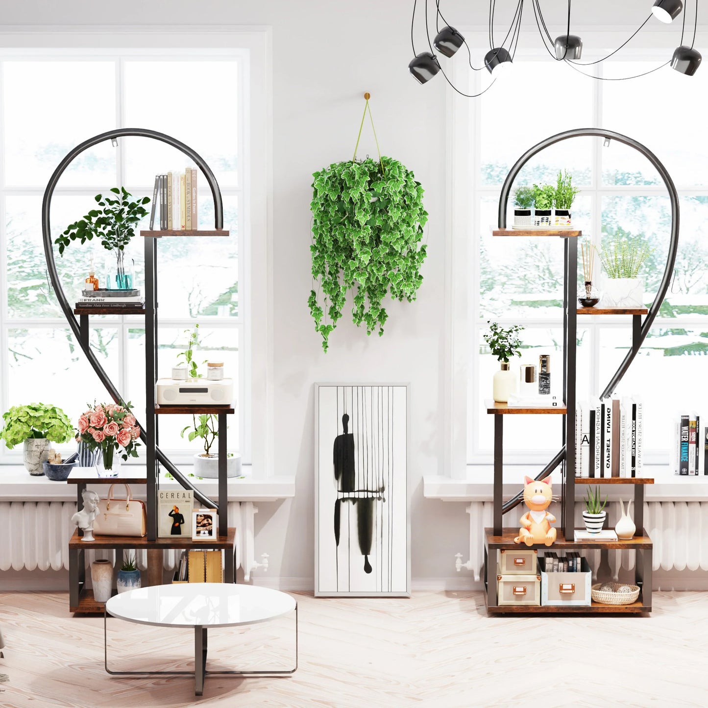 Decorbites 6-tier half heart plant stand with black metal frame and wood shelves in heart shape design