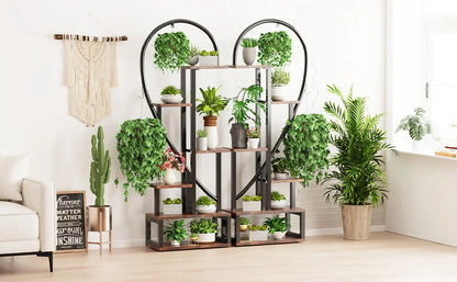 DecorBites 6-tier heart shaped plant display stand metal and wood with multiple shelves for potted green plants