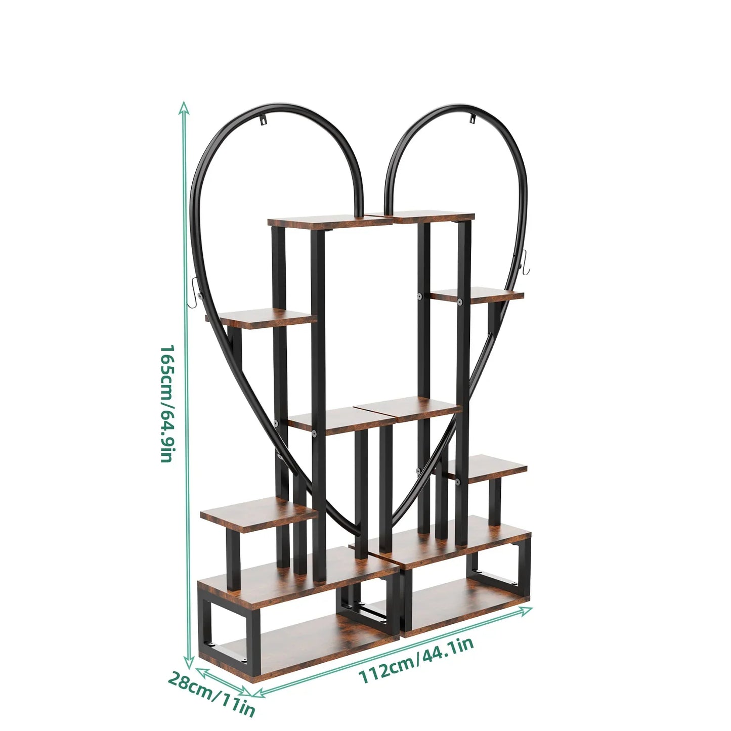 Decorbites 6-tier heart shaped plant display stand with wooden shelves and black metal frame for shaped plant display