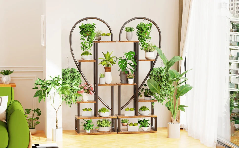 Decorbites™ 6-tier heart shaped plant display stand with dark metal frame and light wood shelves holding green plants