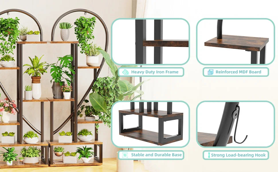 Decorbites 6-tier heart shaped plant display stand with heavy-duty iron frame and reinforced mdf shelves in black