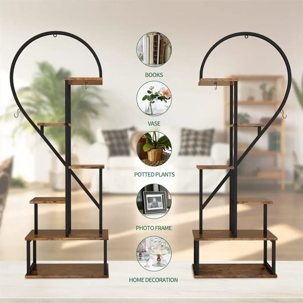 DecorBites 6-tier heart shaped plant display stand with black metal frame and rustic wood shelves for plant display
