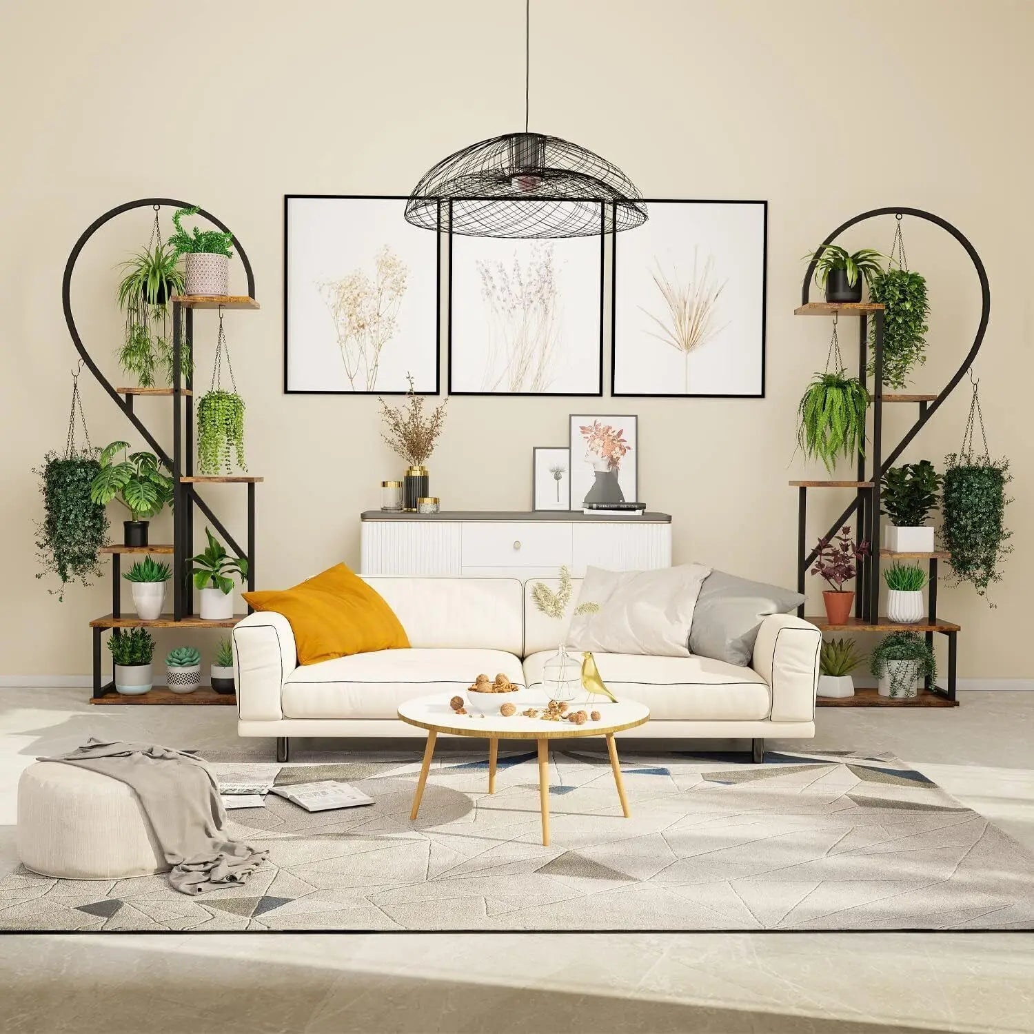White sofa with mustard yellow pillow beside decorbites™ 6-tier heart shaped plant display stand in metal finish