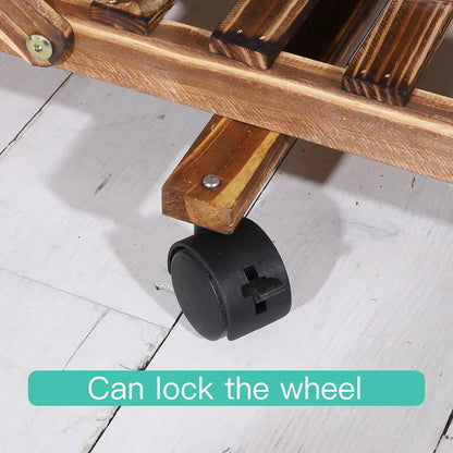 Black plastic caster wheel with locking mechanism attached to decorbites™ wood plant stand frame for indoor outdoor use