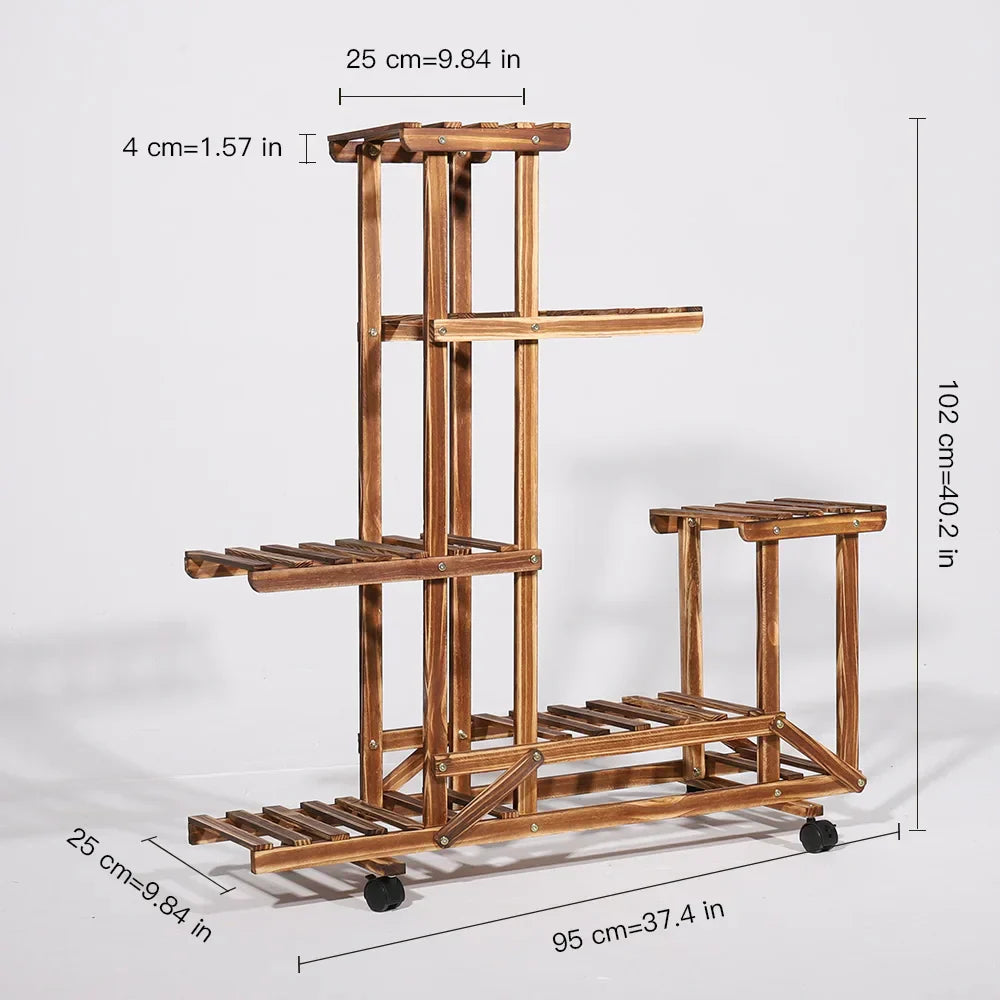 Decorbites™ 6-tier brown wood plant stand with black caster wheels for indoor and outdoor use