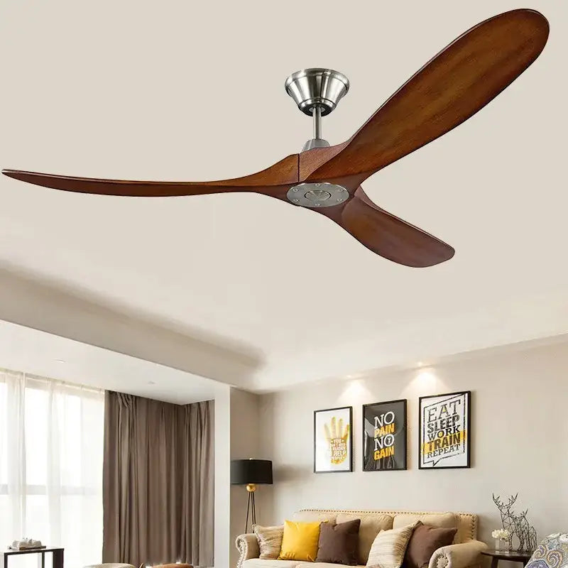 DecorBites™ 60-inch industrial vintage wood ceiling fan with three dark brown wooden blades and brushed stainless steel hub