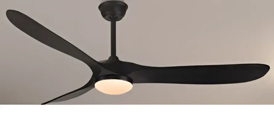 Black three-blade ceiling fan with integrated light featuring industrial vintage wood design and remote control by DecorBites