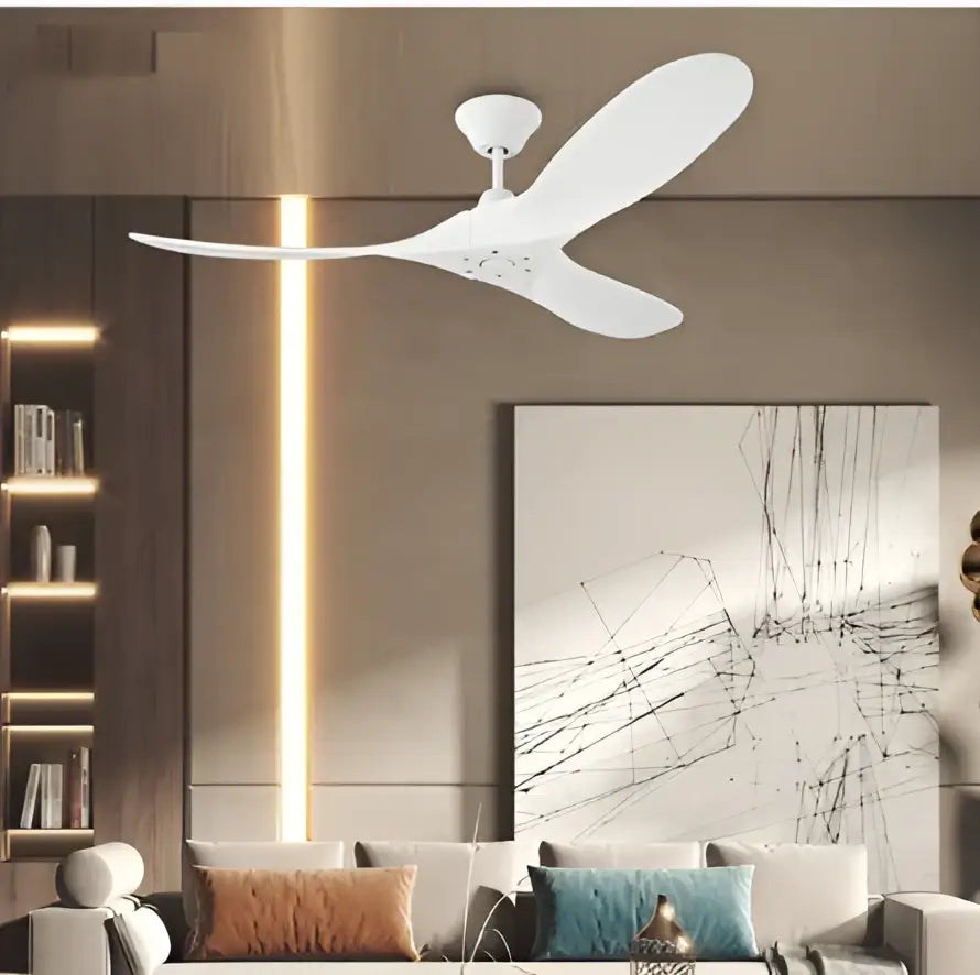 White three-blade ceiling fan with sleek modern design industrial vintage wood finish and remote control by DecorBites