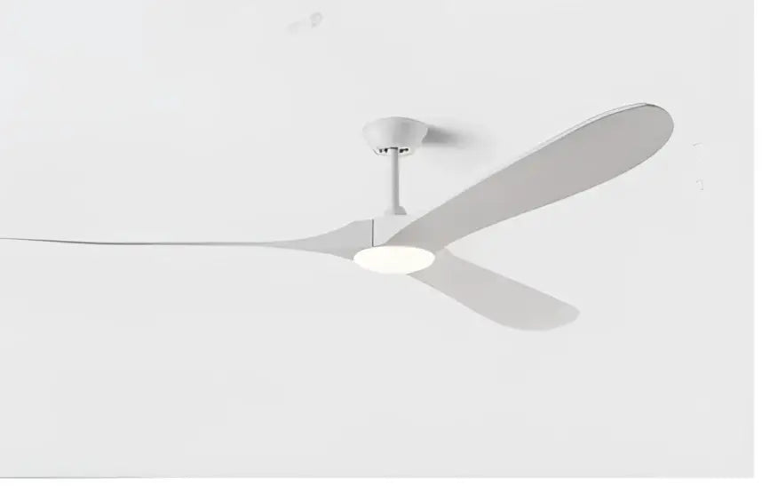 White ceiling fan with sleek modern blades and integrated light in DecorBites™ 60 inch industrial vintage wood design with remote control