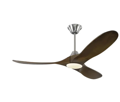 Modern ceiling fan with three dark brown wooden blades and brushed nickel finish with integrated light and remote control