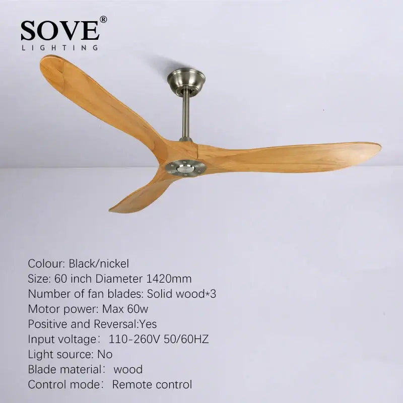 Decorbites 60 industrial wooden ceiling fan with sove lighting and three solid wood blades in black nickel finish