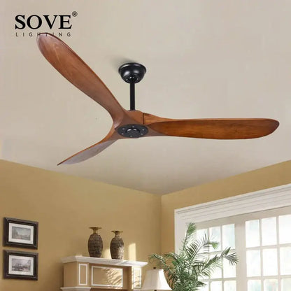 Sove lighting ceiling fan with three wooden blades and black hub in DecorBites 60 inch industrial wooden ceiling fan