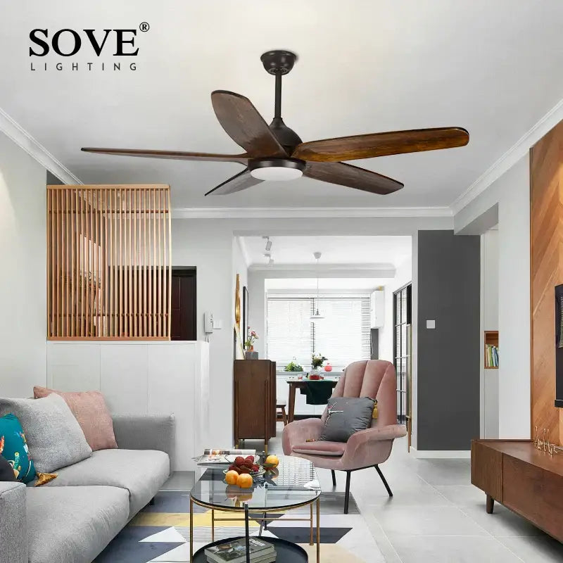 DecorBites™ 60 inch ceiling fan with dark solid wood blades, central light, and remote control for 220v use