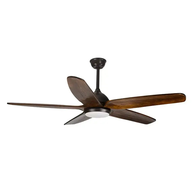 Dark bronze ceiling fan with five wide solid wood blades and central white light fixture with led remote control