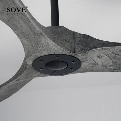 Gray wood-textured vintage wood ceiling fan with black metal hub and mounting hardware for wood ceiling fan use