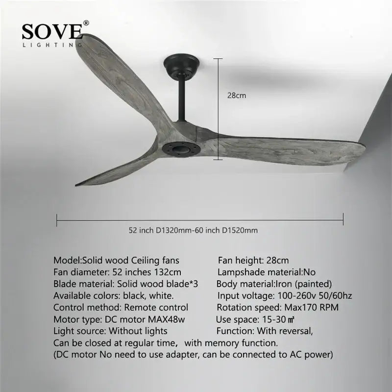 Sove lighting 52-inch solid wood ceiling fan with weathered gray blades and black iron body vintage wood ceiling fan