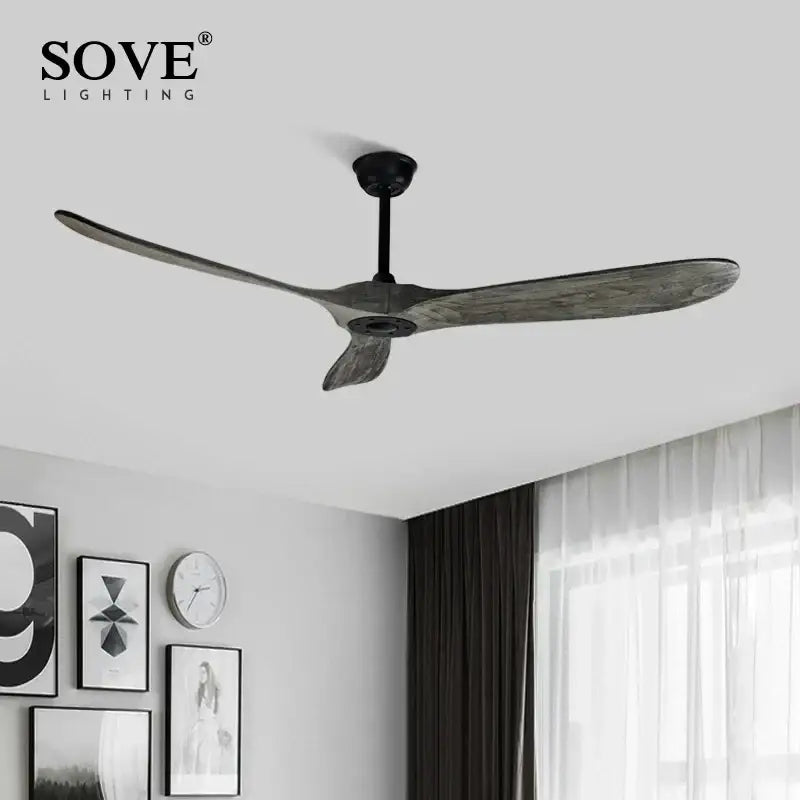 Sove lighting ceiling fan with three dark gray wood-grain blades and black motor housing vintage wood ceiling fan