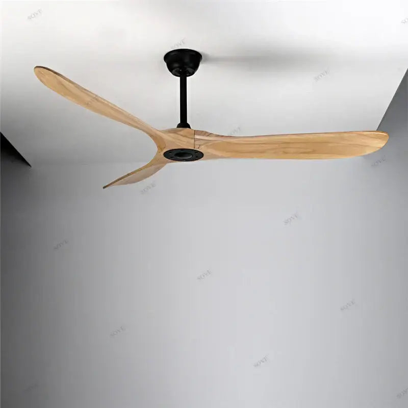 Modern ceiling fan with three light wood blades and a matte black hub from decorbites vintage wood ceiling fan series