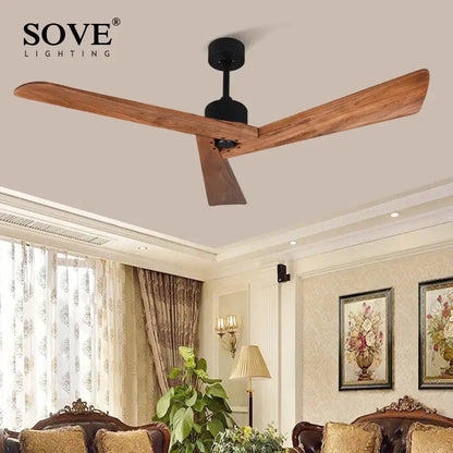 Decorbites 60 inch wood ceiling fan with three wooden blades and black motor housing for living room and dining loft