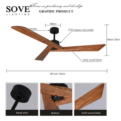 Decorbites 60 inch wood ceiling fan with solid wood blades and black metal motor housing for living room use