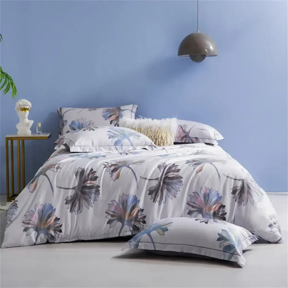 White duvet cover with delicate purple blue and gray floral pattern in DecorBites 600tc Egyptian cotton bedding set