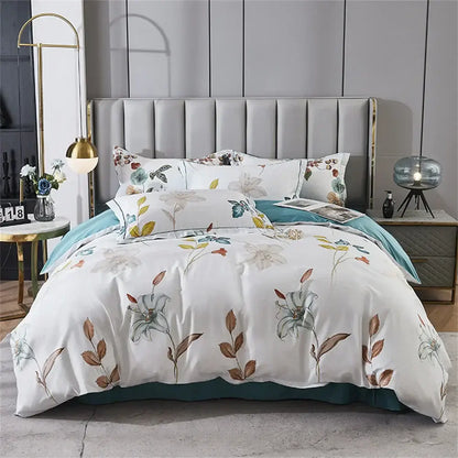 White floral duvet cover with teal accents and botanical print in soft earth tones made from DecorBites™ 600TC Egyptian cotton bedding set