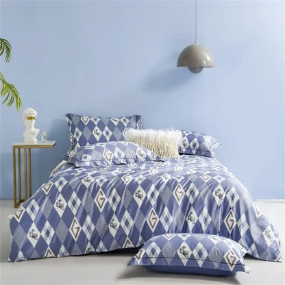 Blue and white diamond patterned bedding set with subtle geometric design made of 600tc egyptian cotton by decorbites