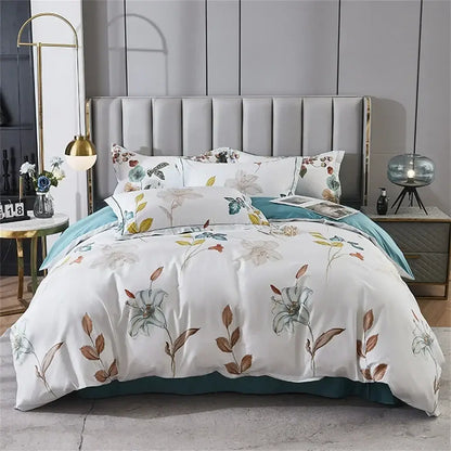 White duvet cover with delicate teal brown and muted green lily motifs on smooth fabric from decorbites 600tc egyptian cotton bedding set