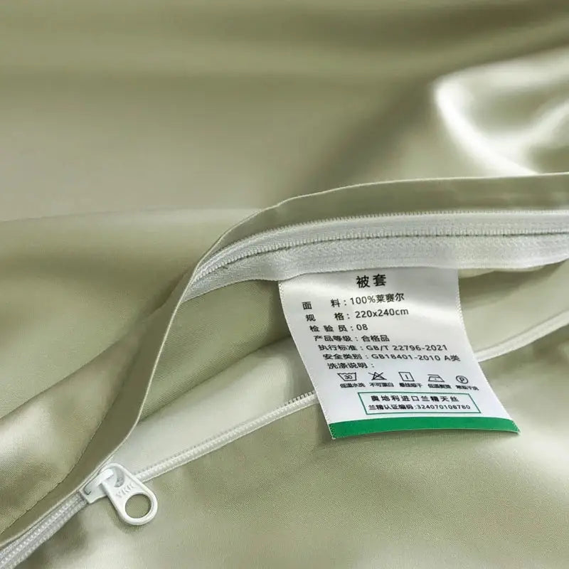Soft light green satin duvet cover with white zipper from decorbites™ 600TC lyocell eucalyptus fiber bedding set